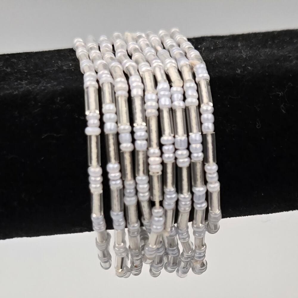 Nine Strands of Light Blue and Clear Beads Beaaded Stretchy Bracelets Stackable